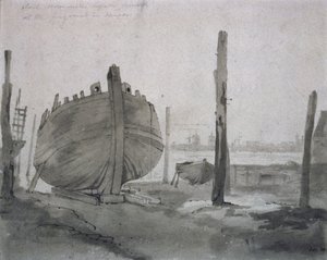 A River Scene with Vessel at Sunset by John Constable