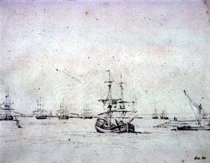 A Brig at Anchor and Other Shipping in the Thames by John Constable