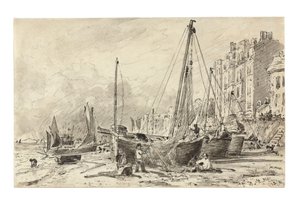 Beached fishing boats with fishermen mending nets on the beach at Brighton, looking West, c.1824-28