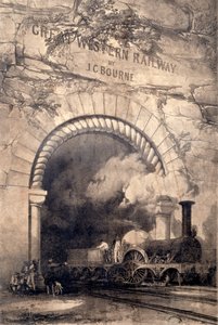 Acheron 2-2-2 locomotive emerging from a tunnel near Bristol, frontispiece to The History and Description of the Great Western Railway, 1846 by John Cooke Bourne