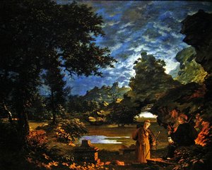 Monks with a Lantern in a Rocky Moonlit Landscape