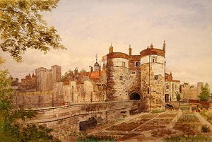 View of the Tower of London, showing Byward Tower, Beauchamp Tower, Devereux Tower and St. Thomas Tower