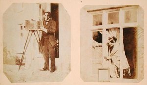 Self portrait on the left and Emma Thomasina Llewelyn printing a paper negative in the sun on the right by John Dillwyn Llewelyn