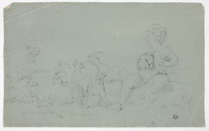 Antique Bas-Relief with Seated Boy Holding Falcon and Accompanied by Dog, Sheep, and Goats by John Downman