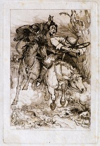 Two Galloping Horsemen [one carrying his own head]