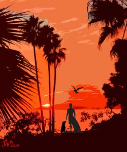 Surfer Dog Tropical Sunset