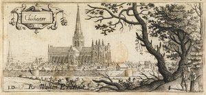 Two figures standing by a large tree with Chichester in the distance by John Dunstall