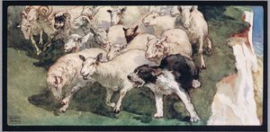 Bobtail sheepdog and flock on cliffs, illustration from 