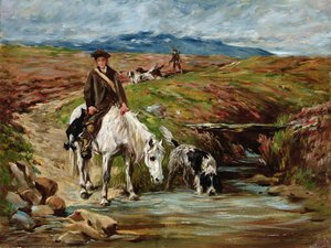 Horse and Spaniel Drinking from a Stream by John Emms