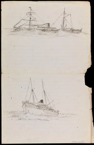 Sketches of a battleship and two other Royal Navy vessels by John Everett