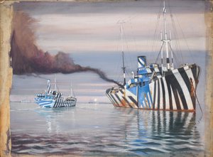 S.S. Lepanto and Another Steam Vessel, Both Dazzle-Painted, Anchored in Calm Water by John Everett