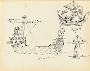 Sketch of a Roman Warship, Part of a Roman Merchant Ship and a Vessel with Sail Set, Early 20th Century by John Everett