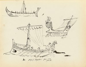 Sketches of Early Vessels Including a Roman Sail and Oar Vessel and Ship of Odysseus, 500 BC by John Everett