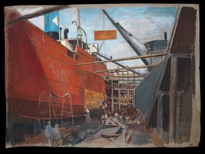 Steamship in drydock showing workmen painting her hull