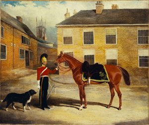 An Officer of the Dragoon Guards, Caribineers with His Mount in the Barrack