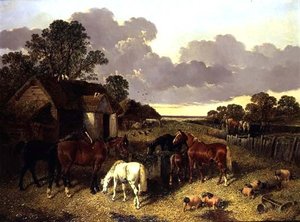 Horses, Pigs, Poultry, Duck and Cattle in a Farmyard by John Frederick Herring Senior