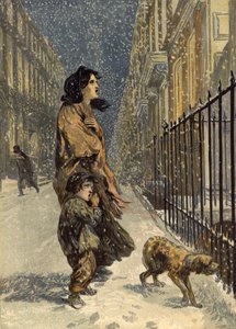 The homeless poor, mother and child with dog in the snow by John Gilbert