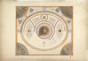 Design for Ceiling with Two Portraits and Fan Supports at Corners, 19th century