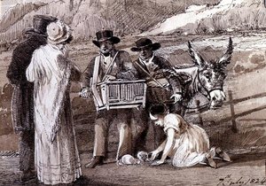 Two men selling guinea pigs, one with an organ grinder by John Harden