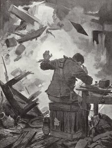 Bombardier W H French finishing his message after a shell had come through the room in which he was telephoning, Helpegarde, World War I by John Harris Valda