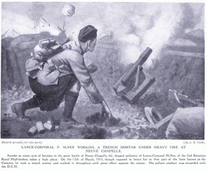 Lance Corporal P McNee working a trench mortar under heavy fire at Neuve Chapelle by John Harris Valda