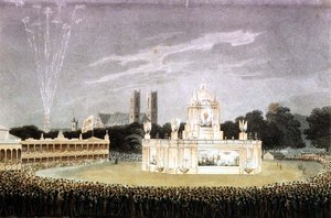 Firework display held in Green Park to celebrate the defeat of Napoleon, engraved by Matthew Dubourg by John Heaviside (after) Clark