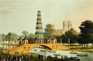 The Chinese Bridge and Pagoda, Erected in the Park in commemoration of the Glorious Peace of 1814, engraved by Matthew Dubourg by John Heaviside (after) Clark