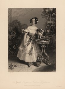 Augusta Georgina Frederica Fitzclarence, daughter of Lord Frederic Fitzclarence, illegitimate son of King William IV. She wears her hair in ringlets and ribbons, and wears an off-the-shoulder dress tied with a sash, holds a King Charles spaniel on a cushio by John James (after) Chalon