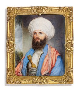 James Silk Buckingham in White Shirt with a Light Blue Coat, Pink Embroidered Shawl Around His Shoulders and a White Turban with a Dagger Secured in to His Cummerbund, Landscape Background with a Mosque by John Jukes