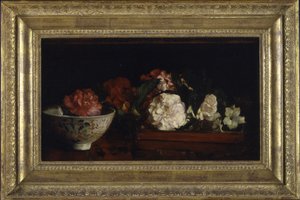Flowers in Japanese Tray on Mahogany Table