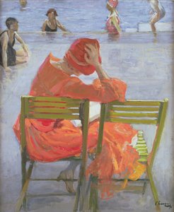 Girl in a red dress reading by a swimming pool