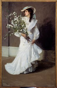 Spring. Allegory of Spring: Portrait of a Woman Clothed in White with a Bouquet of Flowers. Painting by Sir John Lavery (1856-1941) by John Lavery
