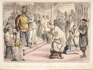 Queen Philippa interceding with Edward III for the Six Burgesses of Calais, from The Comic History of England