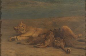 A lioness with four nursing cubs