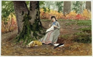 Woman Embroidering Under a Tree