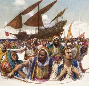 Captives of Arabs led in chains from the docks, with dhow in background
