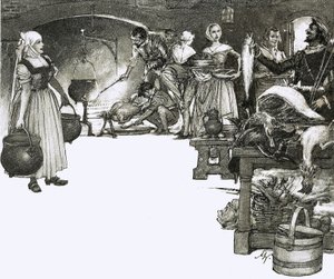 Cooking over an open fire in an Elizabethan kitchen