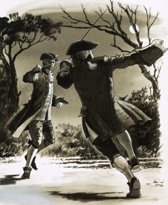 Unidentified Men Duelling with Swords in Moonlight