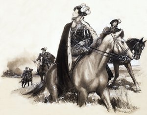 Unidentified queen leaving a smoking city under escort