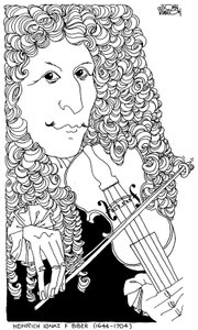 Heinrich Ignaz Franz von Biber, caricature by John Minnion