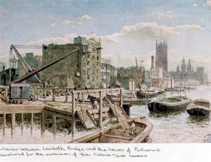 Riverside View of the Wharves between Lambeth Bridge and the Houses of Parliament by John Phillipp Emslie