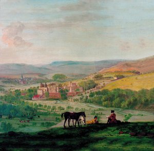 An 18th Century view of Haddon Hall with the village of Bakewell in the background by John Raphael Smith