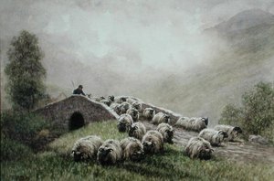 Highland Bridge with Shepherd and Flock by John Robert Keitley Duff