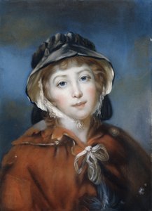Portrait of a Girl, Bust Length, in a Red Cape Tied with a Bow and a Black Bonnet by John Russell