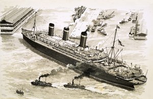 The Steamer Leviathan is Coaxed Towards a Pier at New York Harbour by Tugs by John S. Smith