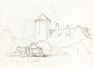 Sketch of Buildings with Cart and Horses in Foreground by John Sell Cotman