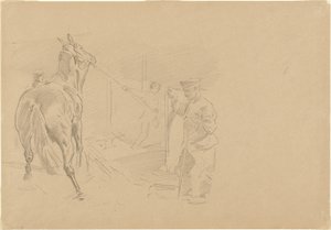 Man Pulling a Horse into a Stall, 1918