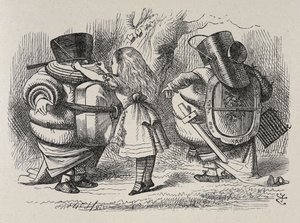 Alice dressing up Tweedledee and Tweedledum by John Tenniel