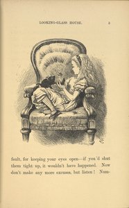 Alice sitting in a chair playing with a kitten by John Tenniel