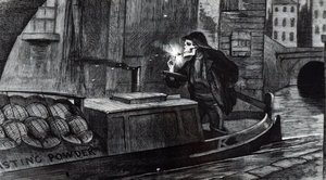 Campaigning cartoon suggesting Parliament should bring in safety regulations for the handling and transport of explosives after the destruction of a barge carrying gunpowder on the Regent